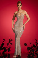 Embellished Cut-Out Halterneck Gown in Almond